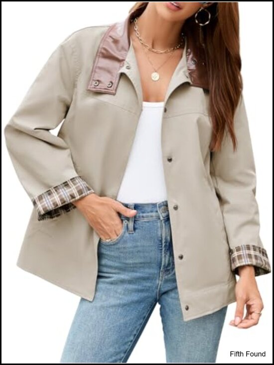 Jackets & Blazers - Womens Barn Jacket Plaid Lining Button Down Lightweight Casual Cropped Trench